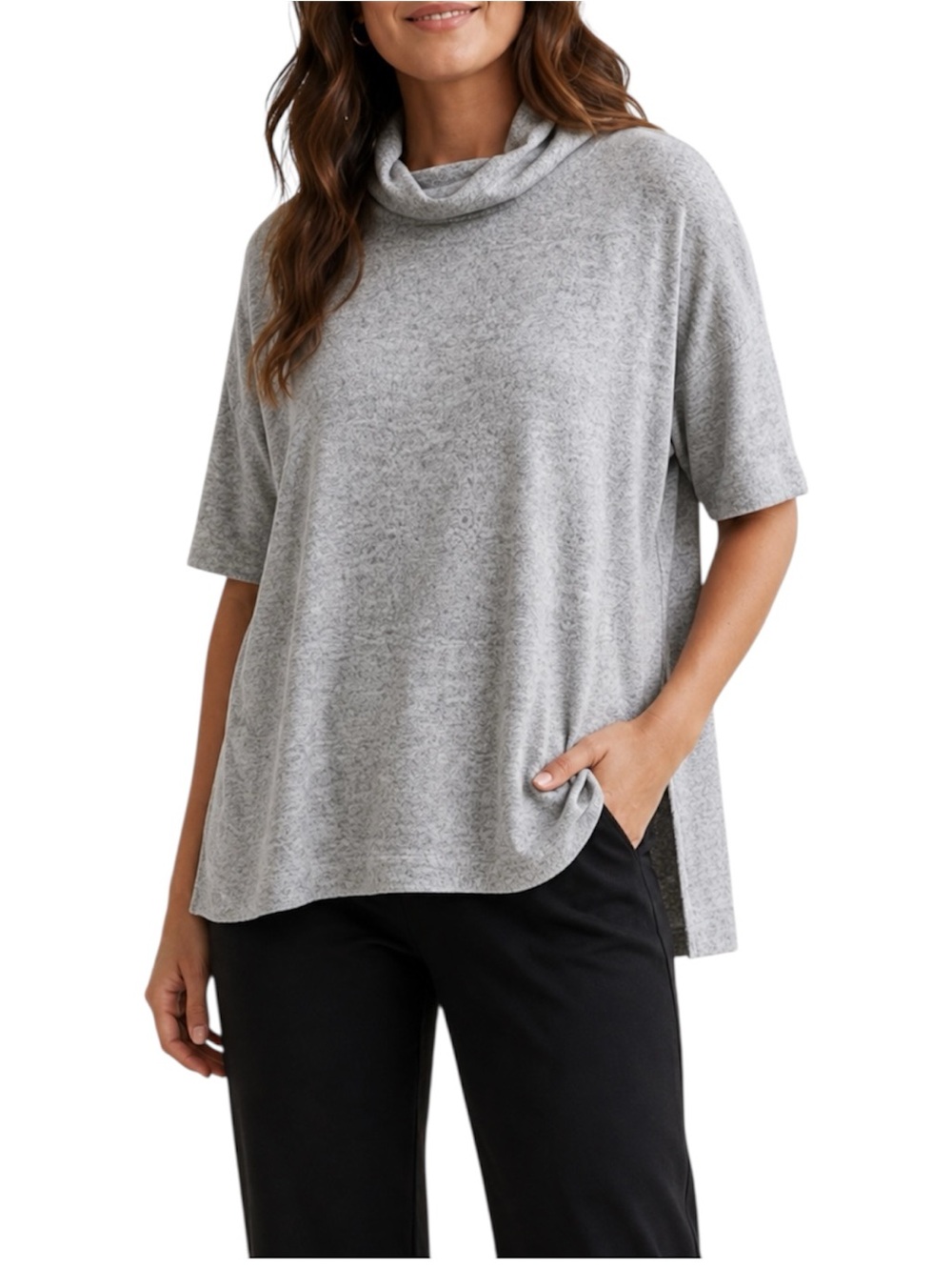 Rag & Bone JEAN Medium Gray Cowl Neck Oversized Knit Top Hi Low Hem Short Sleeve